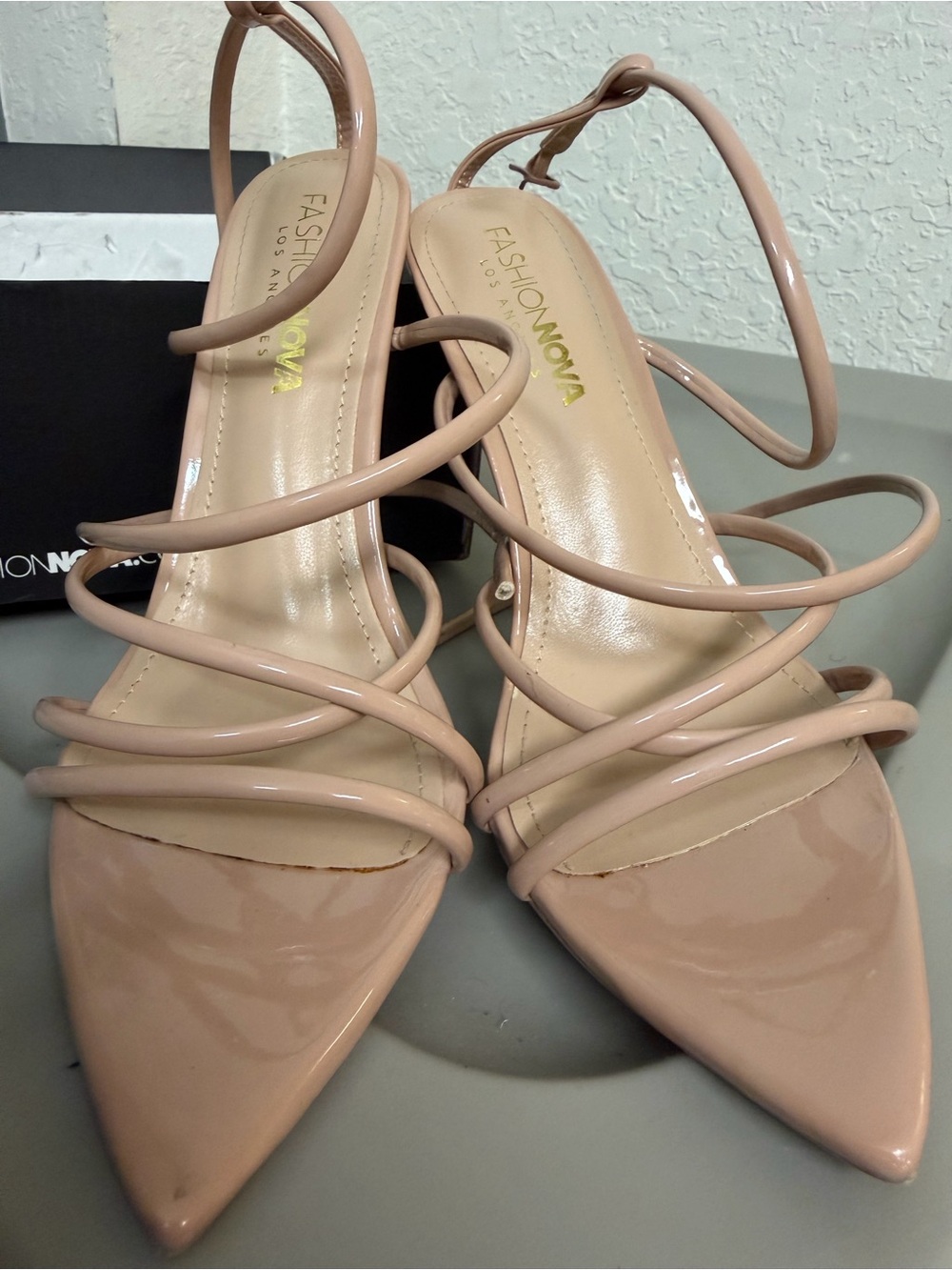 Fashion Nova Black Shoe Box with Nude Label